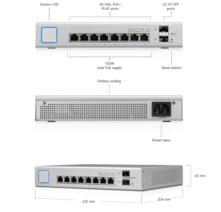 Комутатор Ubiquiti US8-150W с 8-порта и 2-SFP порта