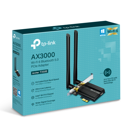 2-лентов Bluetooth 5.0 Wi-Fi6 PCIe адаптер TP-Link Archer TX50E AX3000