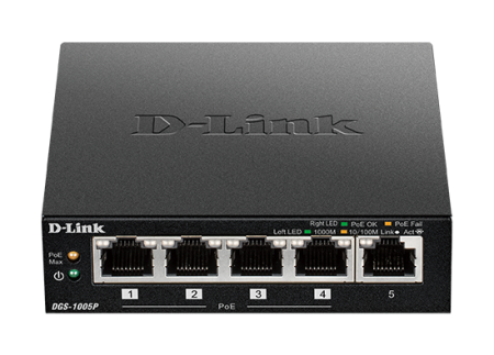 Комутатор D-Link 5-Port Desktop Gigabit PoE+ Switch DGS-1005P