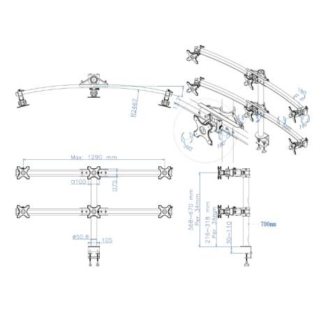 Neomounts Flat Screen Desk Mount (clamp) for 6 Monitor Screens