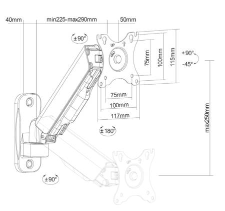 Neomounts wall mounted gas spring monitor arm (2 pivots VESA 100x100)