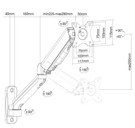 Neomounts wall mounted gas spring monitor arm (3 pivots VESA 100x100)