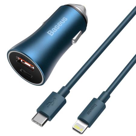 Зарядно за кола Baseus Golden Contactor Pro с USB-A и USB-C изход 40W + кабел Type-C към Lightning 1м