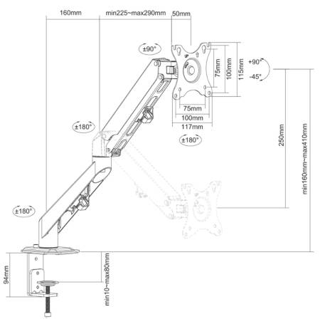 Neomounts Gas Spring Desk Mount (clamp/grommet)