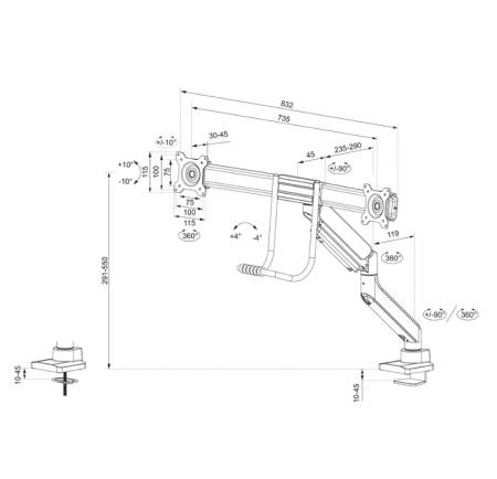 Neomounts Screen Desk Mount 2 screens (topfix clamp & grommet) for 2 Monitor Screens