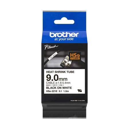 Brother HSe-221E 9mm Black on White Heat Shrink Tape