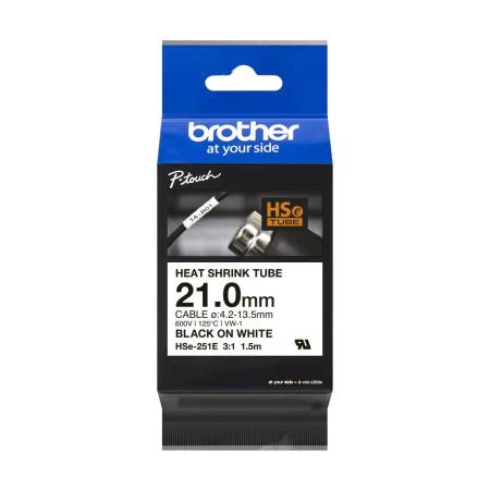 Brother HSe-251E 21mm Black on White Heat Shrink Tape