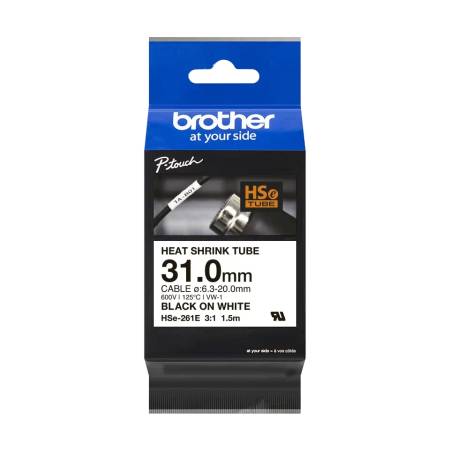 Brother HSe-261E 31mm Black on White Heat Shrink Tape