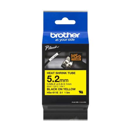 Brother HSe-611E 5.2mm Black on Yellow Heat Shrink Tape