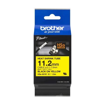 Brother HSe-631E 11.2mm Black on Yellow Heat Shrink Tape