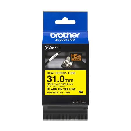 Brother HSe-661E 31mm Black on Yellow Heat Shrink Tape
