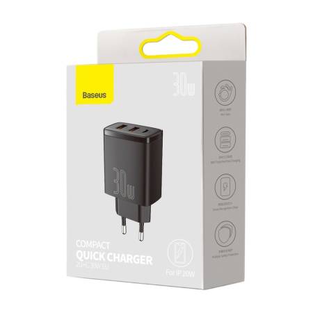 Зарядно устройство Baseus CCXJ-E01 Compact Quick Wall Charger с 2хUSB-A и USB-C 30W черен
