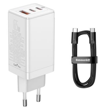 Универсално зарядно Baseus GaN3 Pro 2 x USB Type C / USB + кабел USB Type C - USB Type C 65W PD3.0