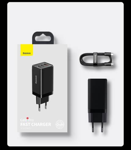 Универсално зарядно Baseus GaN3 Pro 2 x USB Type C / USB + кабел USB Type C - USB Type C 65W PD3.0