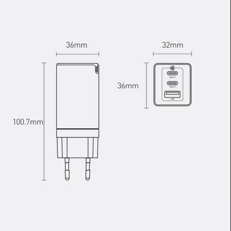 Универсално зарядно Baseus GaN3 Pro 2 x USB Type C / USB + кабел USB Type C - USB Type C 65W PD3.0