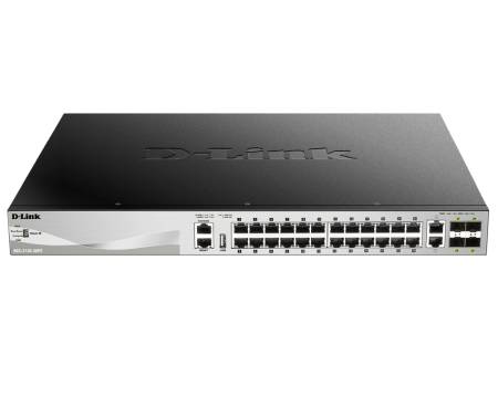 D-Link 24 x 10/100/1000BASE-T PoE ports (370W budget) Layer 3 Stackable Managed Gigabit Switch with 2 x 10GBASE-T ports and 4 x SFP+ ports 