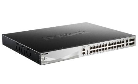D-Link 24 x 10/100/1000BASE-T PoE ports (370W budget) Layer 3 Stackable Managed Gigabit Switch with 2 x 10GBASE-T ports and 4 x SFP+ ports 