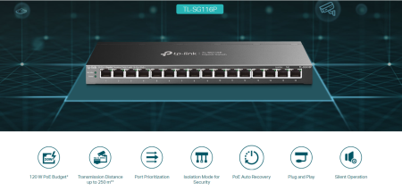 16-портов гигабитов комутатор TP-Link TL-SG116P с 16-портов PoE+