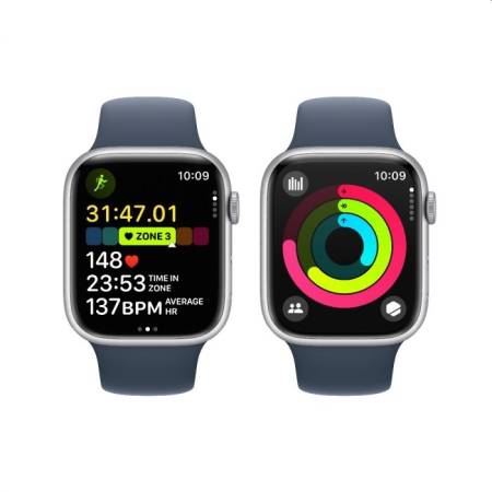 Apple Watch Series 9 GPS + Cellular 45mm Silver Aluminium Case with Storm Blue Sport Band - S/M