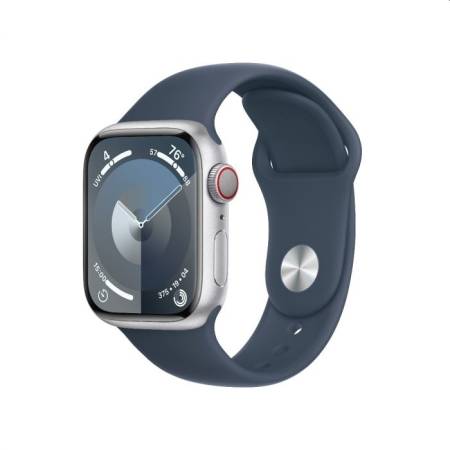 Apple Watch Series 9 GPS + Cellular 41mm Silver Stainless Steel Case with Storm Blue Sport Band - M/L