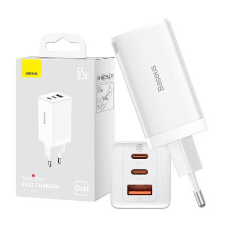 Зарядно устройство Baseus GaN5 Pro fast charger 2xUSB-C+USB 65W CCGP120202 - бяло