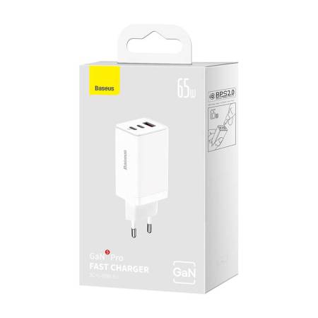Зарядно устройство Baseus GaN5 Pro fast charger 2xUSB-C+USB 65W CCGP120202 - бяло