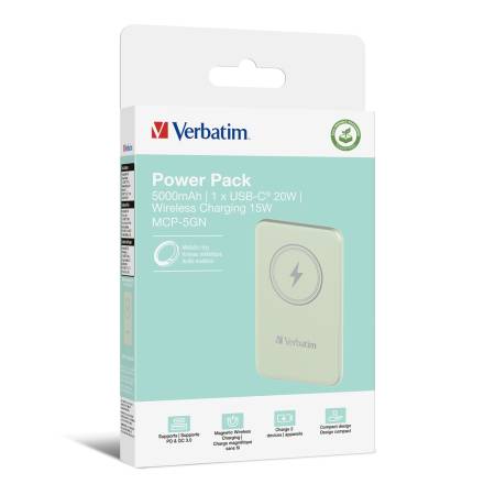 Verbatim MCP-5GN Power Pack 5000 mAh with UBS-C PD 20W / Magnetic Wireless Charging 15W Green