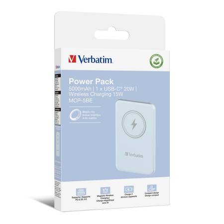 Verbatim MCP-5BE Power Pack 5000 mAh with UBS-C PD 20W / Magnetic Wireless Charging 15W Blue
