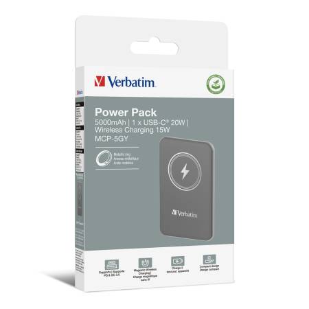 Verbatim MCP-5GY Power Pack 5000 mAh with UBS-C PD 20W / Magnetic Wireless Charging 15W Grey