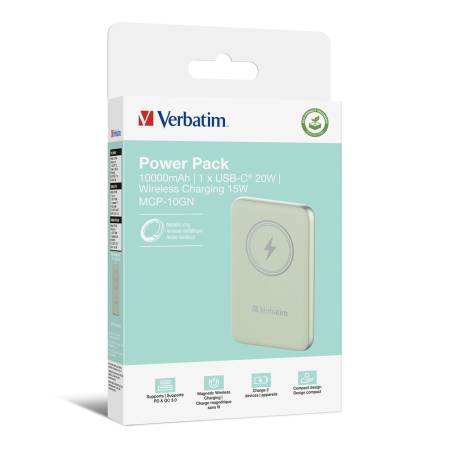 Verbatim MCP-10GN Power Pack 10000 mAh with UBS-C PD 20W / Magnetic Wireless Charging 15W Green