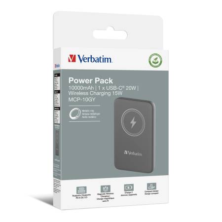 Verbatim MCP-10GY Power Pack 10000 mAh with UBS-C PD 20W / Magnetic Wireless Charging 15W Grey