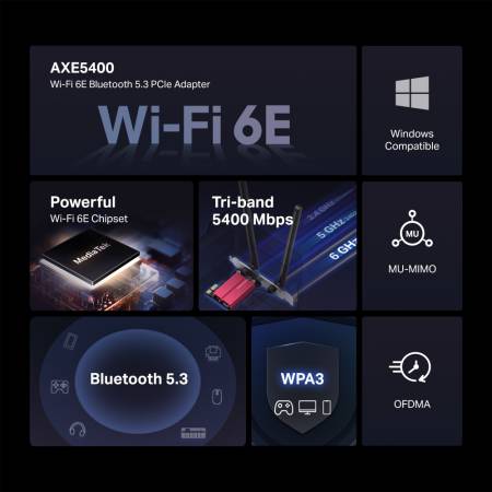 Безжичен Wi-Fi 6E Bluetooth 5.3 PCIe Адаптер Mercusys MA86XE AXE5400