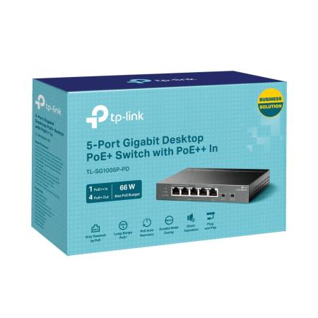5-портов гигабитов настолен PoE+ комутатор с 1-портов PoE++ вход и 4-портов PoE+изход TP-Link TL-SG1005P-PD