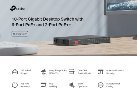 10-портов гигабитен настолен комутатор TP-Link TL-SG1210PP с 6-порта PoE+ и 2-порта PoE++