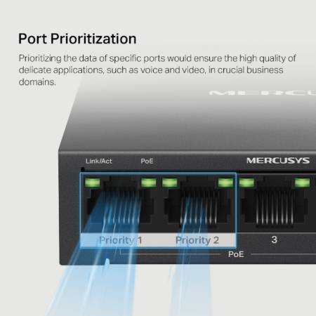 5-портов настолен комутатор Mercusys MS105GP със 4 PoE+ порта