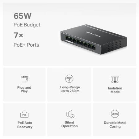 8-портов гигабитов комутатор Mercusys MS108GP със 7 PoE+ порта