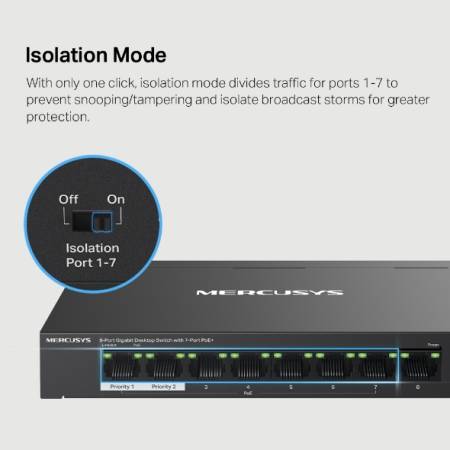 8-портов гигабитов комутатор Mercusys MS108GP със 7 PoE+ порта