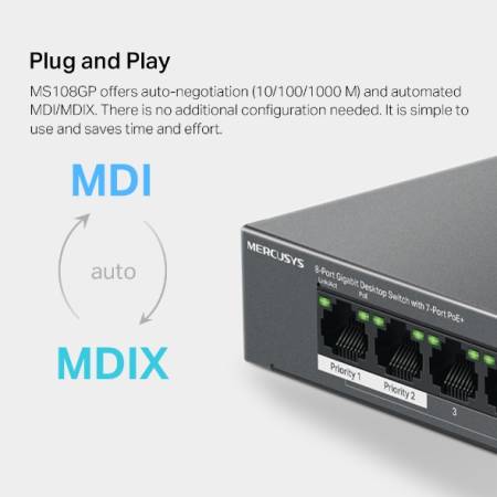8-портов гигабитов комутатор Mercusys MS108GP със 7 PoE+ порта