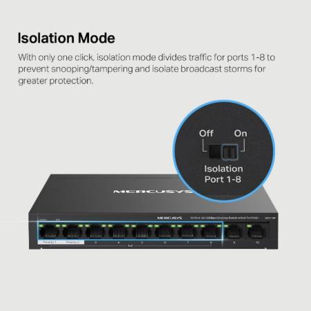 10-портов комутатор Mercusys MS110P със 8 PoE+ порта