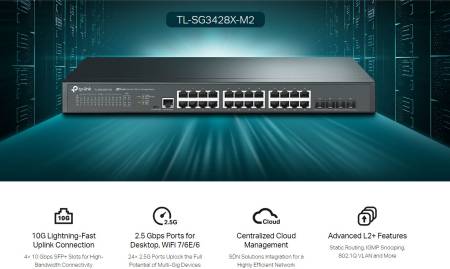 24-портов комутатор TP-Link TL-SG3428X-M2 JetStream 2.5GBASE-T L2+ управляван с 4 10GE SFP+ слота
