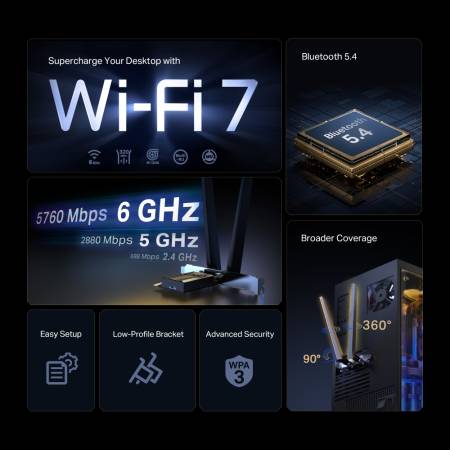 3-лентов Bluetooth 5.4 Wi-Fi 7 PCIe адаптер TP-Link Archer TBE552E BE9300