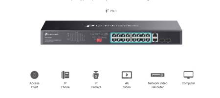 18-портов гигабитен неуправляем комутатор TP-Link Omada DS1018GMP с 16-портов PoE+