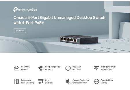 5-портов гигабитов неуправляем настолен комутатор TP-Link DS105GP с 4-порта PoE+