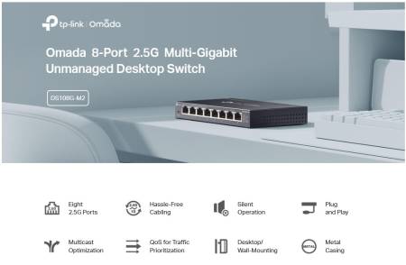 8-портов 2.5G мулти-гигабитов неуправляем настолен комутатор TP-Link Omada DS108G-M2