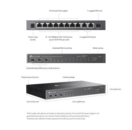 Комутатор неуправляем TP-Link Omada DS111P 8-порта 10/100Mbps + 3-порта Gigabit с 8-порта PoE+
