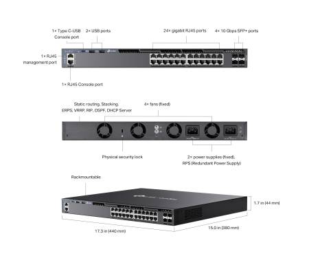 24-портов Gigabit Stackable L3 управляем комутатор TP-Link Omada SG6428X с 4 10G слота