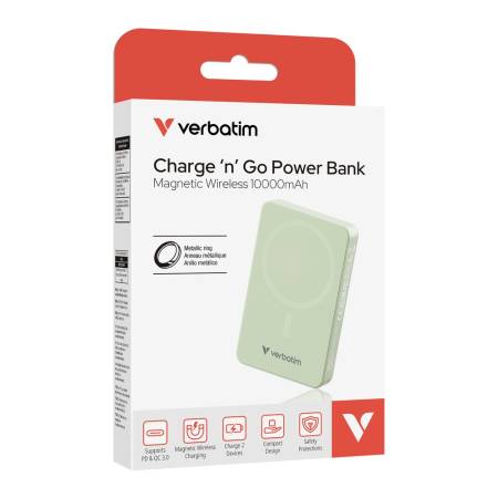Verbatim Charge 'n' Go Essentials Power Bank Magnetic Wireless 10000mAh Green