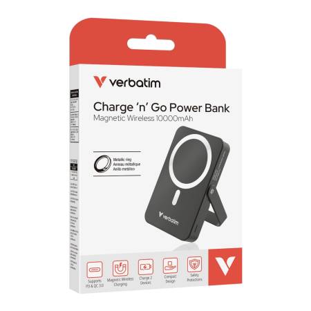 Verbatim Charge 'n' Go Power Bank with Stand Magnetic Wireless 10000mAh Black