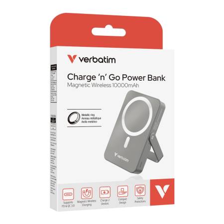 Verbatim Charge 'n' Go Power Bank with Stand Magnetic Wireless 10000mAh Grey