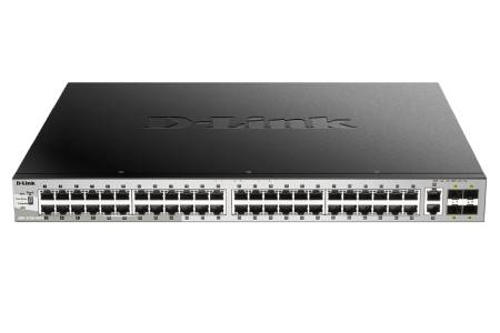 D-Link 48x10/100/1000BASE-T PoE ports (370W budget) Layer 3 Stackable Managed Gigabit Switch with 2x10GBASE-T ports and 4xSFP+ ports 